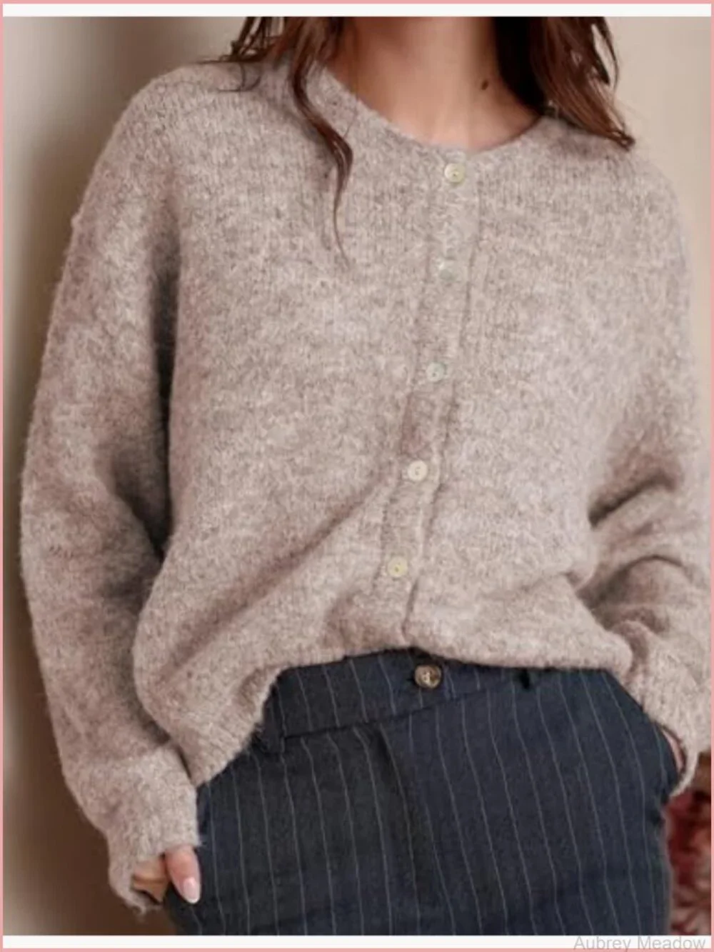 Women's Long Sleeve Cardigan Sweater Front Button Loose Fit Y2K Knit Crewneck - Picture 3 of 5